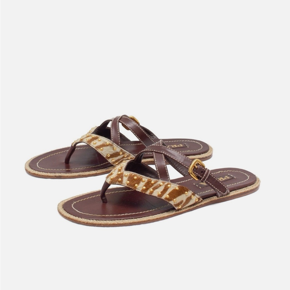 Prada Thong Brown Leather Sandals Flat Leather Pony Hair Studded